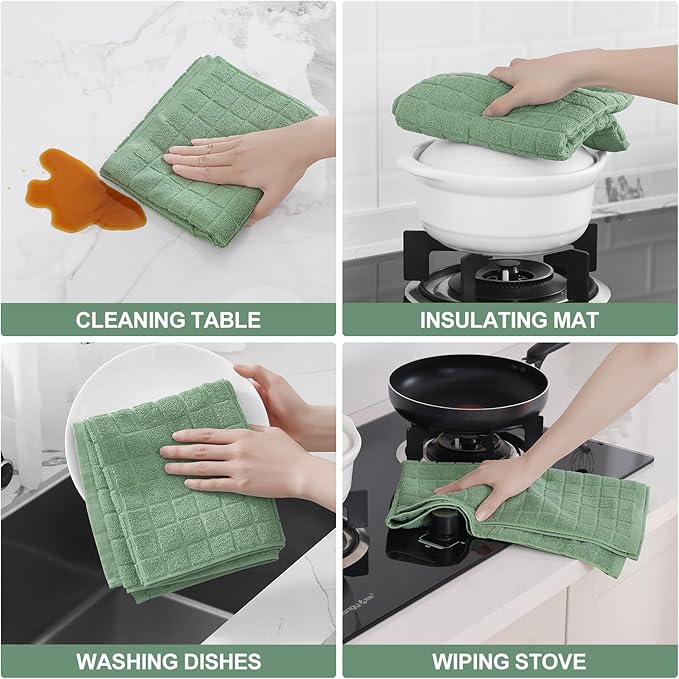Homaxy Premium Cotton Kitchen Towels 16"x 28", Large Natural Ring Spun 390 GSM Dish Towels, Super Absorbent Terry Kitchen Hand Towels, Soft Tea Towels with Hanging Loop, Pure Grass Green, 4 Pack