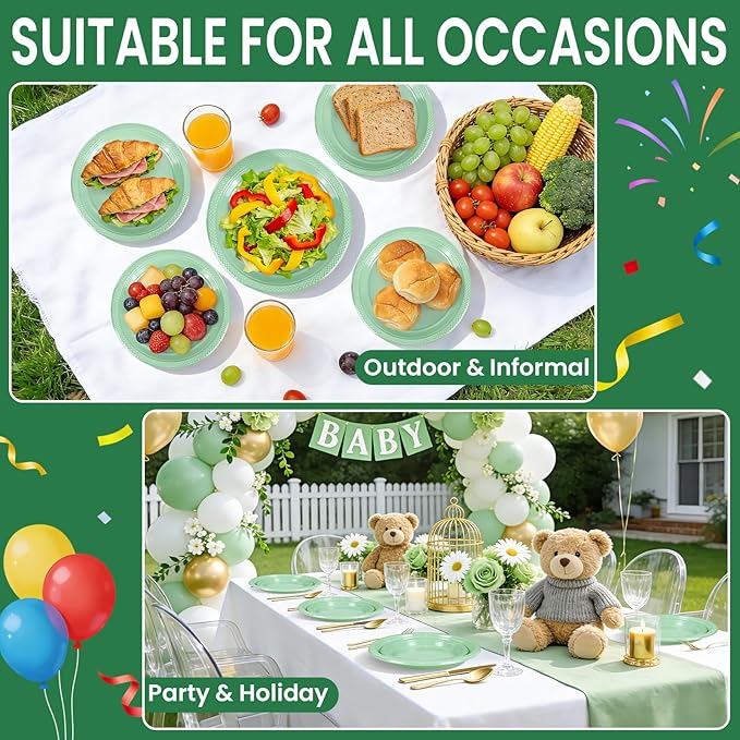 LANLISA 50 Pcs Sage Green Plastic Plates For Party, 25-9" & 25-7" Disposable Cake Dessert Plates For Birthday, Baby Shower Decorations, Easter Dinner