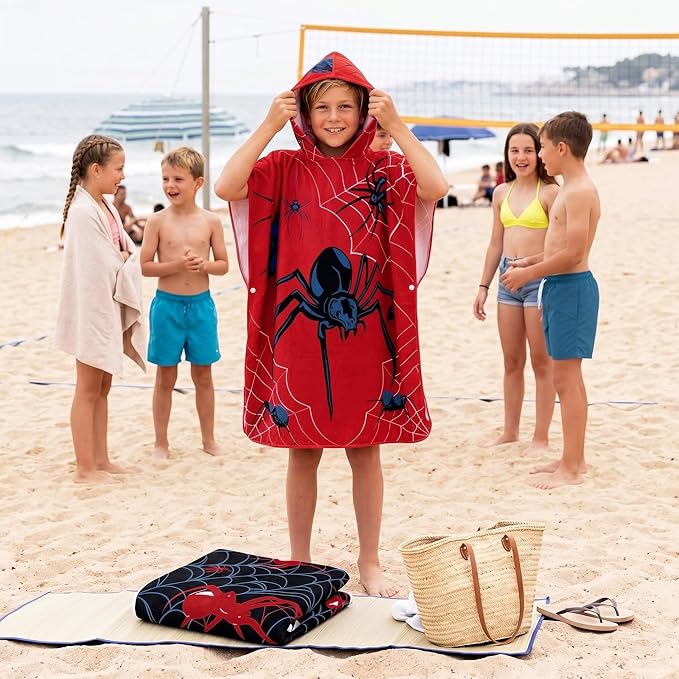 Fanfanwin 2 Pack Spider Web Bath Towel Beach Hooded Bath Towel 37.8x23.62 Inches Spider Them Poncho with Snap Buttons Hood Soft Microfiber Rapid Dry for Beach, Pool, Swim, Travel, Home Use