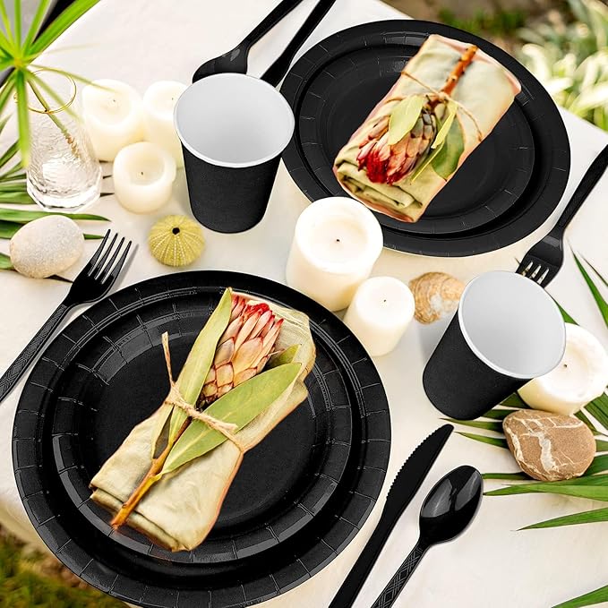 228PCS Black Party Supplies Set Include Paper Plates Cups Black Napkins Plastic Spoons Forks Knives for 30 Guests Disposable Party Dinnerware for Birthday Wedding Family Picnic