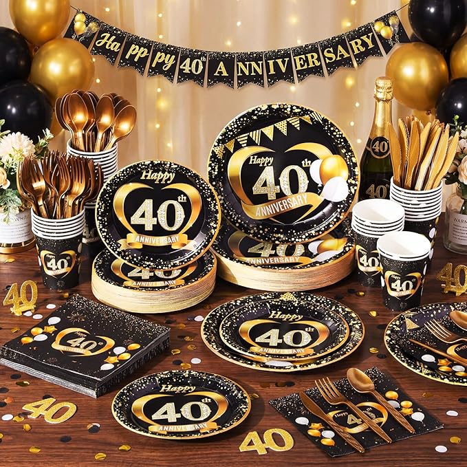 Pickmesh 400 Pcs 40th Wedding Anniversary Party Decorations Set, Includes 40th Anniversary Plates, Napkins, Cups, Cutlery for Birthday Wedding Party Favors, Serves 50 Guests