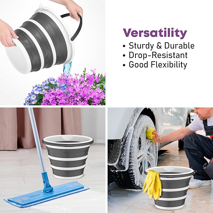 Superio Collapsible Bucket 2 Gallon Bucket with Handle Grey Car Wash Bucket Small Foldable Silicone Pail for Camping, Fishing, Cleaning, Mopping, 10 Liter, 6
