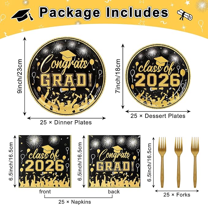 100 Pcs Graduation Plates and Napkins, 2026 Black Gold Graduation Disposable Plates and Napkins Party Supplies Set Serves 25, Black Gold Disposable Dinnerware Set for 2026 Decorations Grad Party