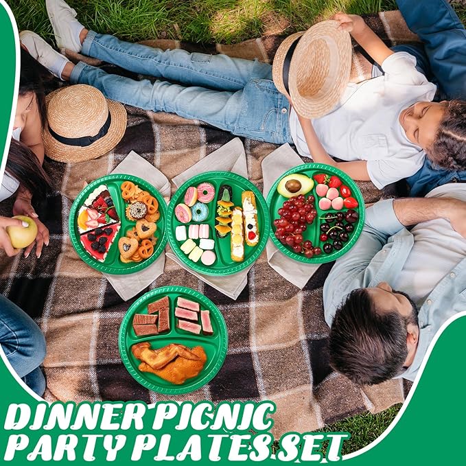 Teenyyou 50 Pcs 10 Inch Plastic 3 Compartment Divided Plates Heavy Disposable Plates Duty Round Dinner Plates with Dividers for Wedding Birthday Party Dinnerware(Green)