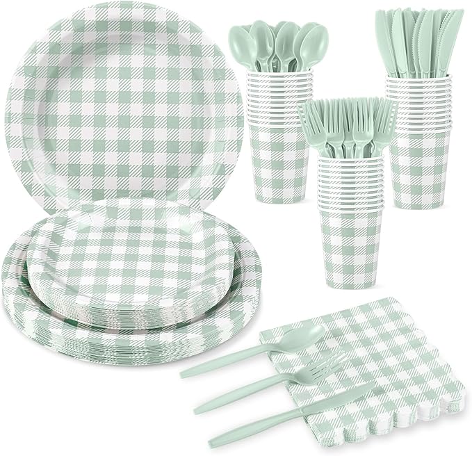 NatNarr 175 Pcs Sage Green Gingham Party Supplies Include Green Plates and Napkins Disposable Checkered Dinnerware Set for Baby Bridal Shower, Wedding, Birthday, Picnic