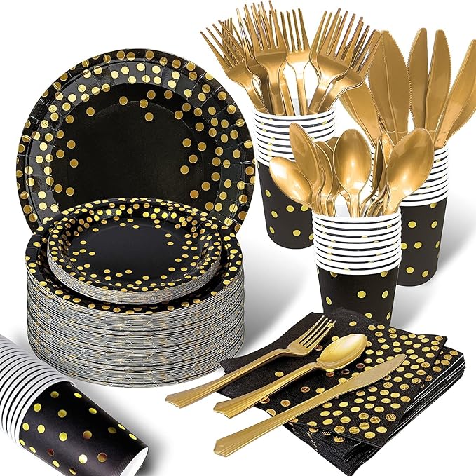 AIRE 175PCS Black and Gold Paper Plates Party Supplies for 25 Guests Disposable Party Decorations Dinnerware Golden Dot Black Paper Plates Napkins Cups Gold Plastic Forks Knives Spoons for Mothers Day