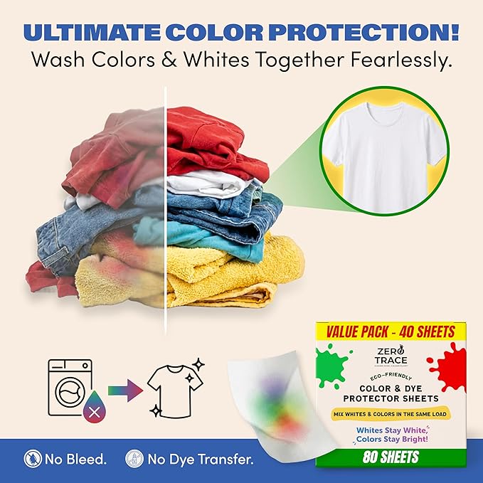 Zero Trace Color Catchers for Laundry - Protects Clothes with Color Dye Catcher,Run Remover, Color Grabbing and Color Bleed Remover for Clothes - 40 Sheets