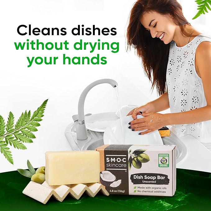 Dish Soap Bar - Certified Organic, Unscented Solid Dishwashing Soap Block - Palm Oil-Free, Vegan All Natural Soap Cleaner for Dishes made from Food-Grade Ingredients - (1)