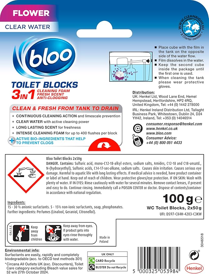 New Bloo Toilet Blocks, Pack of 2, Limescale Remover Cistern, Cleaner with Cleaning and Foaming Action, Fresheners – Fresh Flowers