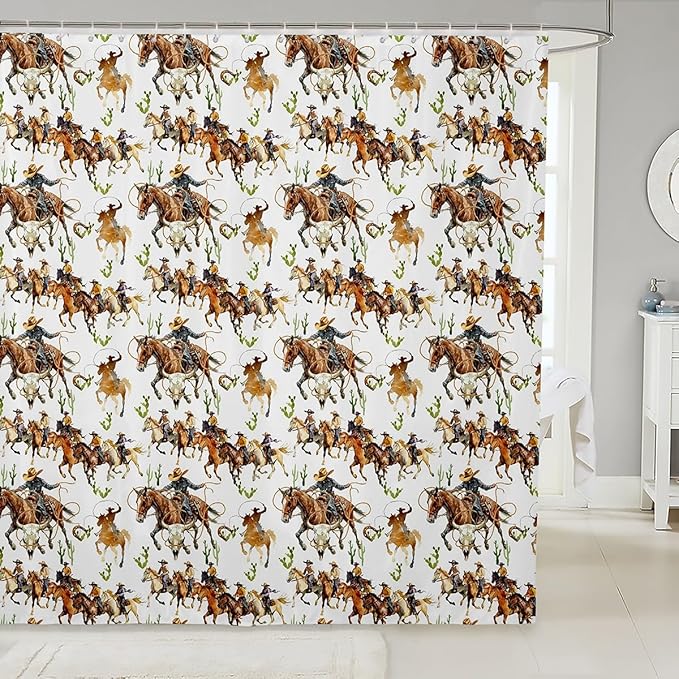 Feelyou Kids Western Decor Shower Curtain Wild West Cowboy Bath Curtain for Boys Teens Decor Rodeo Cowboy Style Bathroom Shower Curtain Set Brown Kids Bathroom Accessories 72"x72"