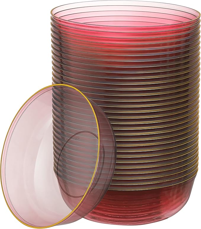 PLASTICPRO Plastic Party Plates Edge Collection Premium heavyweight Elegant Disposable Tableware Dishes (Translucent Pink With Gold Rim, 16 OZ BOWLS)