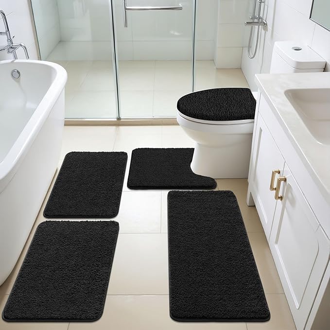 SHACOS 5 Pieces Bathroom Rugs Set with Toilet Lid Cover Ultra Soft Absorbent Microfiber Bath Mat U Shape Contour Rug for Bathroom, Non Slip Machine Washable Bath Runner Rugs for Bedroom, Black