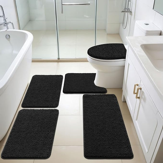SHACOS 5 Pieces Bathroom Rugs Set with Toilet Lid Cover Ultra Soft Absorbent Microfiber Bath Mat U Shape Contour Rug for Bathroom, Non Slip Machine Washable Bath Runner Rugs for Bedroom, Black