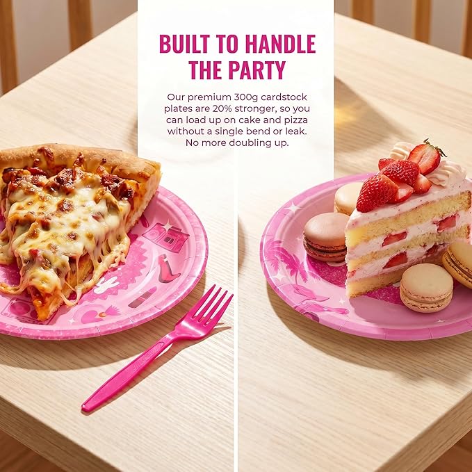 100 Pcs Let's Go Party Supplies for 25 Guests, Heavy-Duty 7" & 9" Paper Plates, 2-Ply 13" Napkins & Plastic Forks, Disposable Pink Tableware Set for Wedding Bridal Shower Party