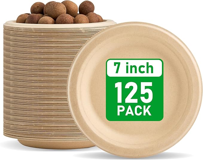 RACETOP Compostable Paper Plates 7 Inch [125 Pack], Disposable Biodegradable Heavy Duty Paper Plates, Made of Natural Sugarcane Fibers, Unbleached Brown, Round