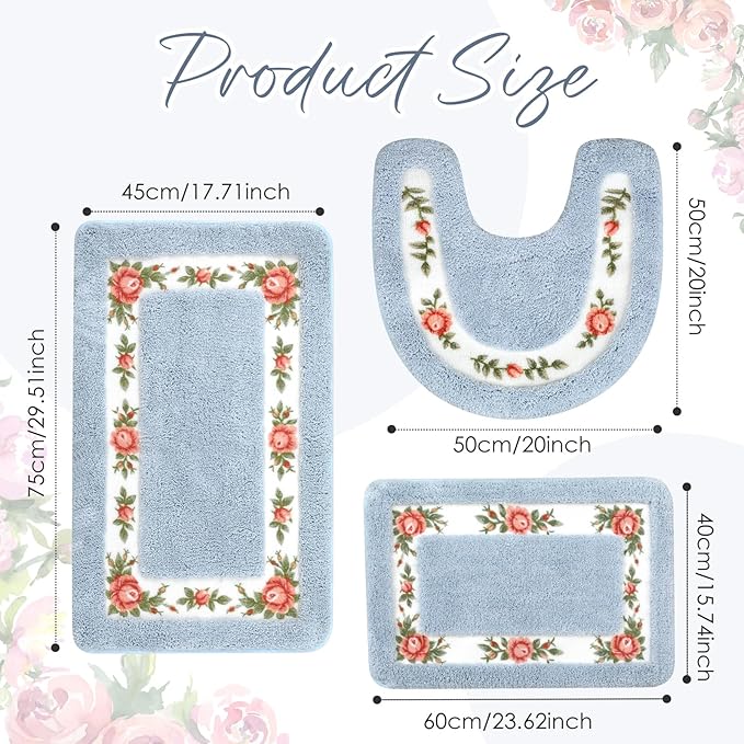 Drydiet 3 Pcs Rose Flowers Bathroom Rugs Set Coquette Room Decor Floral Carpet for Bathroom Bedroom Living Room, Floral Bath Mat Non Skid Romantic Rose Flower Area Rugs 3 Shapes(Blue,Small)