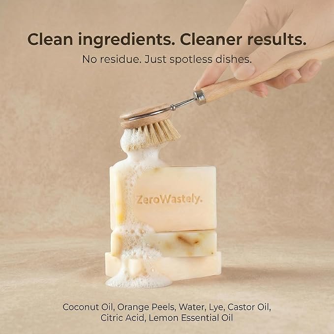 ZeroWastely Natural Dish Soap Bar - Value Pack of 3 Solid Soap Block 16oz - Lemon Scented, Long Lasting, Skin Friendly - Sustainably Made from 100% Organic Ingredients - Plastic Free Dish Soap
