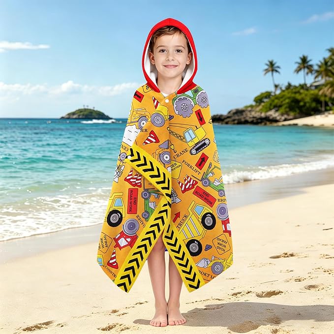 Hooded Towels for Kids - Superfine Fiber Excavator Toddler Hood Bath Towels Beach Hooded Poncho Absorbent Pool Toddler Swim Bath Wrap for Boys & Girls 3-10 Years Beach Essentials, 60*35 inches