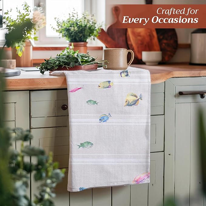 Maison d' Hermine Kitchen Towels Set of 3 100% Cotton 27.50" x 20" Reusable Cloth Tea Dish Towels Absorbent with Hanging Loop for Kitchen Farmhouse Hotel Spring Summer - Poisson