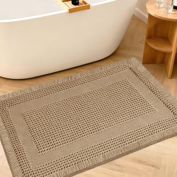 Upgraded Waffle Bath Mat, 32"x20" Beige-Looped, Super Absorbent Non-Slip Quick Dry Bathroom Rugs with Tassels, Machine Washable Ultra Soft Boho Bath Rugs for Floor, Toilet Mats Boho Farmhouse Decor