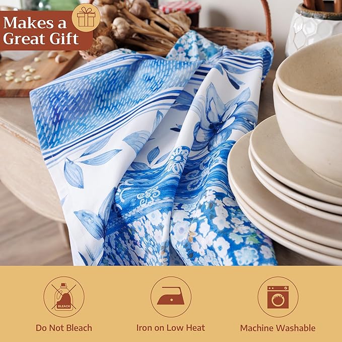 Maison d' Hermine Kitchen Towels Set of 3 100% Cotton 27.50" x 20" Reusable Cloth Tea Dish Towels Absorbent with Hanging Loop for Kitchen Farmhouse Hotel Spring Summer - Summer Blues