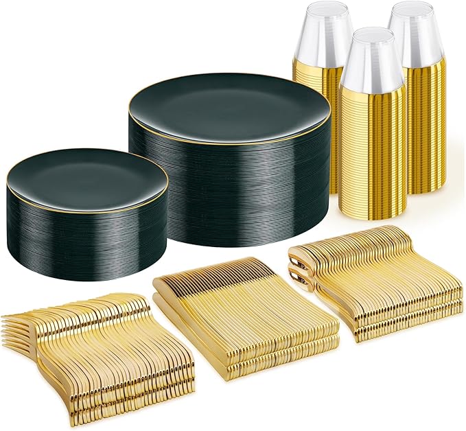 WDF 300Pcs Green Plates Disposable - Heavy Duty Green Plates - 50Guest Green Plastic Dinnerware Include 50 Dinner Plate, 50 Dessert Plate, 150 Cutlery & 50 9oz Cups for Parties/Wedding/Party