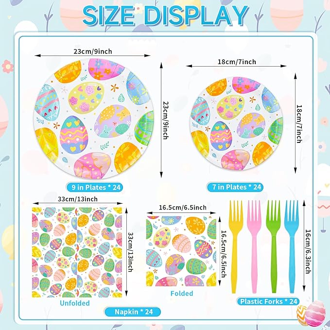 96 Pieces Easter Paper Plates and Napkins Tableware Set, Colorful Eggs Disposable Dinnerware with Plates, Napkins, Forks for Easter Spring Party Supplies-Serves 24