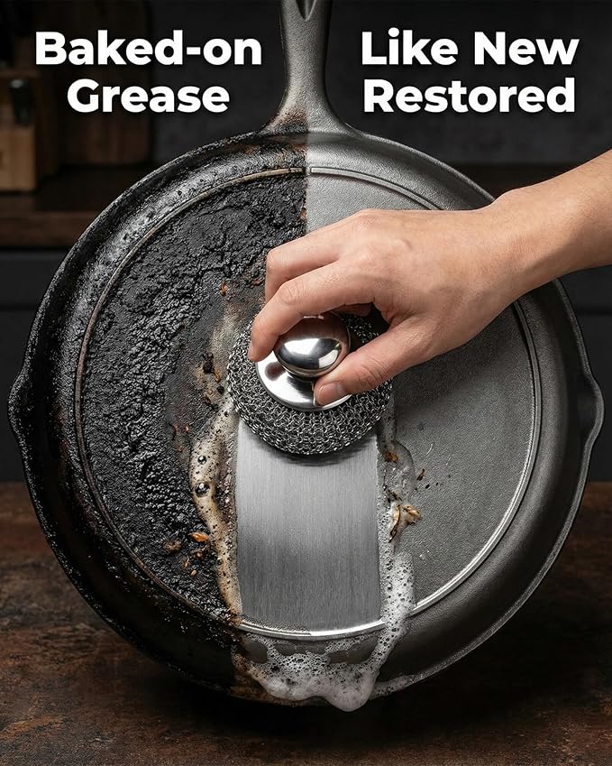 6 Pack Stainless Steel Wool Scrubber Set- Heavy Duty Metal Sponge Scouring Pad for Cast Iron Skillet, Grill & Pots -Include Short & Long Handle & Brush & 3 Pads,Kitchen Dish Scrubber