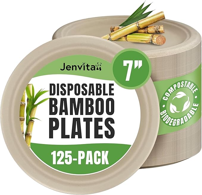 Jenvita Bamboo Small Compostable Plates (125-Pack, 7-inch) | Sturdy & Microwave Safe | Bamboo Disposable Plates | PFAS Free, Biodegradable | FSC Certified Alternative to Plastic