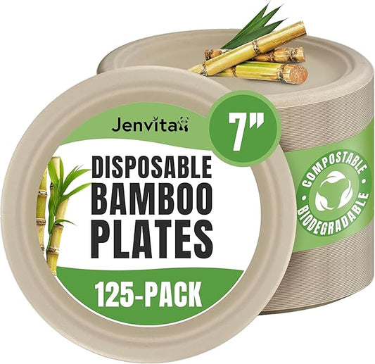 Jenvita Bamboo Small Compostable Plates (125-Pack, 7-inch) | Sturdy & Microwave Safe | Bamboo Disposable Plates | PFAS Free, Biodegradable | FSC Certified Alternative to Plastic