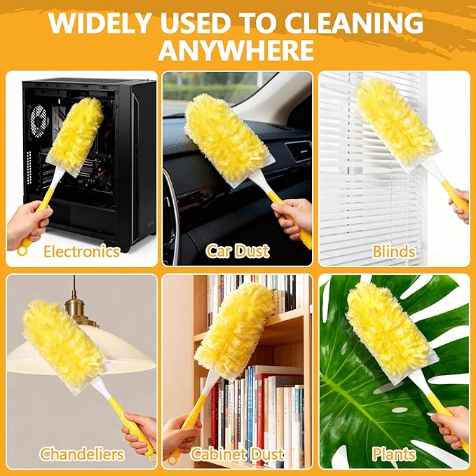 60 Pack Duster Refills Kit Disposable for Swiffer Duster Handle,360° Deep Cleaner Heavy Duty Replacement with 1 Handle,for Home, Blinds, Car, Pet, Furniture, Fans(Yellow)