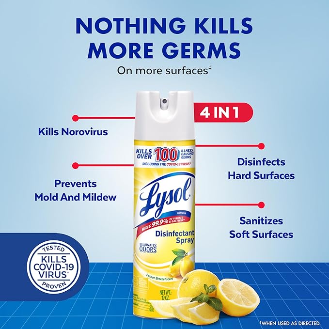 Lysol Disinfectant Spray, Household Cleaning Supplies, Disinfecting Multi-Purpose Room Spray, Antibacterial Sanitizer, Deodorizer, Kills Hantavirus, Lemon Breeze, 19 Fl Oz (Pack of 2)