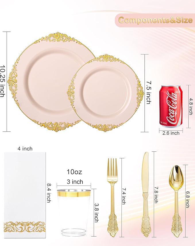 Nervure 350PCS Pink Plastic Plates - Pink Plastic Dinnerware Sets for 50 Guests - 100 Disposable Plates, 150 Gold Silverware, 50 Cups, 50 Napkins Perfect for Wedding & Party