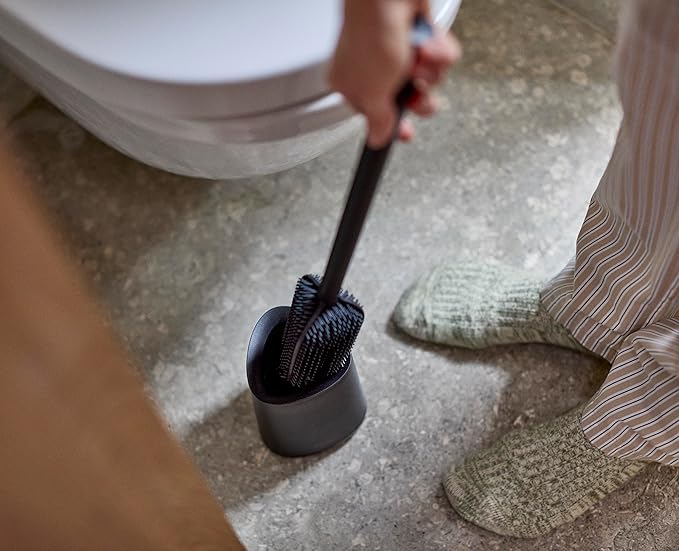 Joseph Joseph Flex 360 Lite, Advanced Smart Toilet Brush and Small Storage Holder Set with Anti-drip, Anti-Clog, Triple-Action Replaceable Brush Head - Black