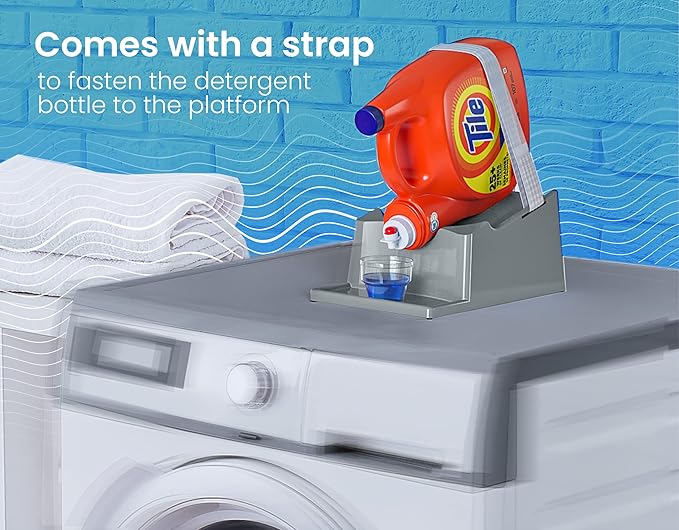 TidyFriend Liquid Laundry Detergent Holder Stand with Drip Tray & Rubber-Grip Feet, Stand for Laundry Room Organization and Storage, Fabric Softener Dispenser with Cup Holder for Easy Pouring (Grey)
