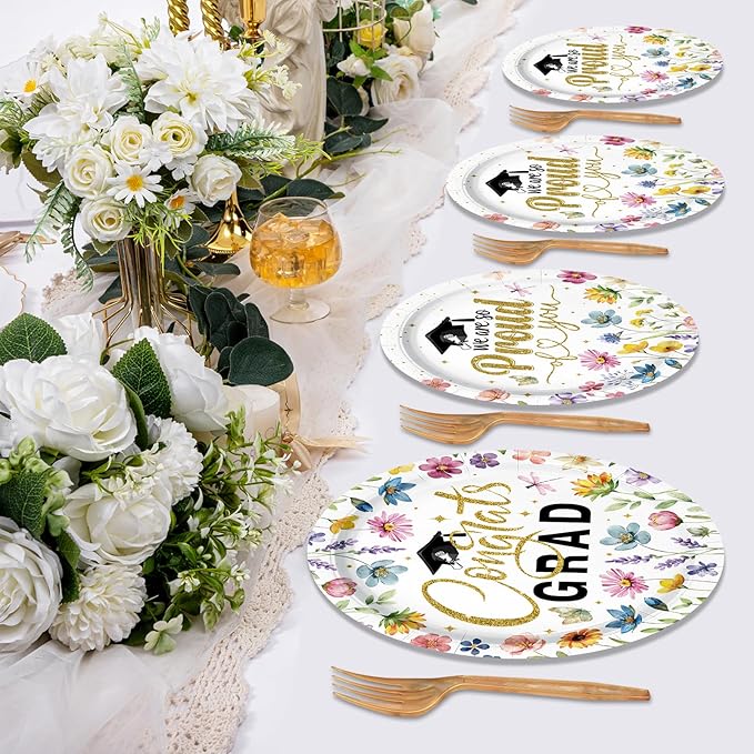 100 Pieces Graduation Party Tableware Set – Congrats Grad Floral Plates, Napkins and Forks, Wildflower Disposable Dinnerware for Class of 2026 Graduation Party Supplies