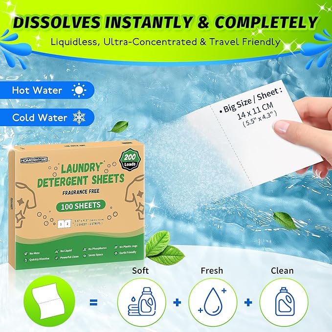 Laundry Detergent Sheets - 200 Loads Unscented Travel Laundry Detergent, Eco Friendly & Hypoallergenic Cloth Washing Detergent Soap Sheets, Suitable for Sensitive Skin