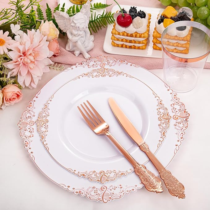 Morejoy 175PCS Rose Gold Plastic Plates & Plastic Silverware inculdes: 25 Dinner Plates,25 Dessert Plates, 25 Forks,25 Knives, 25 Spoons, 25 Cups,25 Napkins Perfect for Wedding & Party & Mother's Day