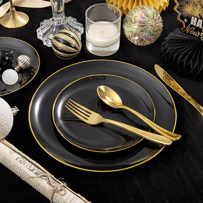 KIRE 60PCS Black Plastic Plates - Black Disposable Plates with Gold Rim - Include 30Pcs 10.25inch for Dinner and 30Pcs 7.5inch for Dessert for Wedding/Graduation/Party/Father's Day