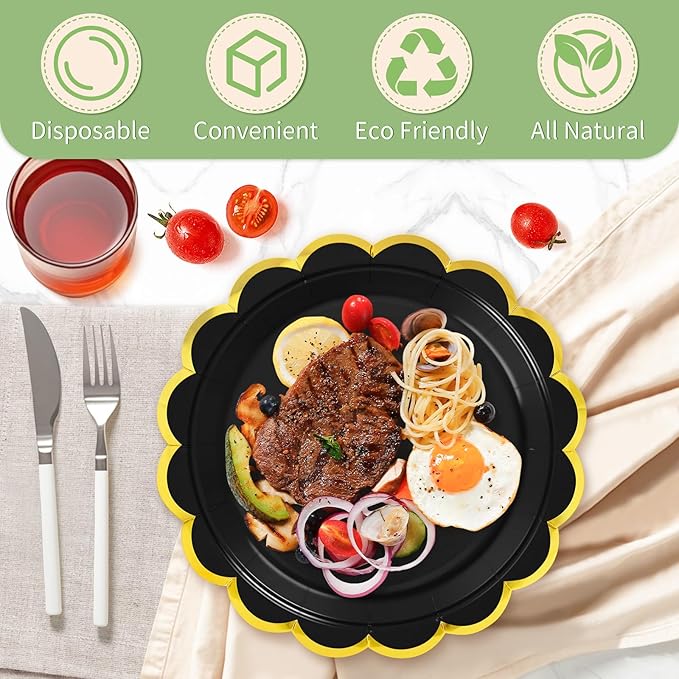 50 Pcs Black Paper Plates, 25 Pcs 9" and 25 Pcs 7" Disposable Halloween Scalloped Plates with Gold Foil for Graduation Wedding Baby Shower Birthday Party Picnic BBQ