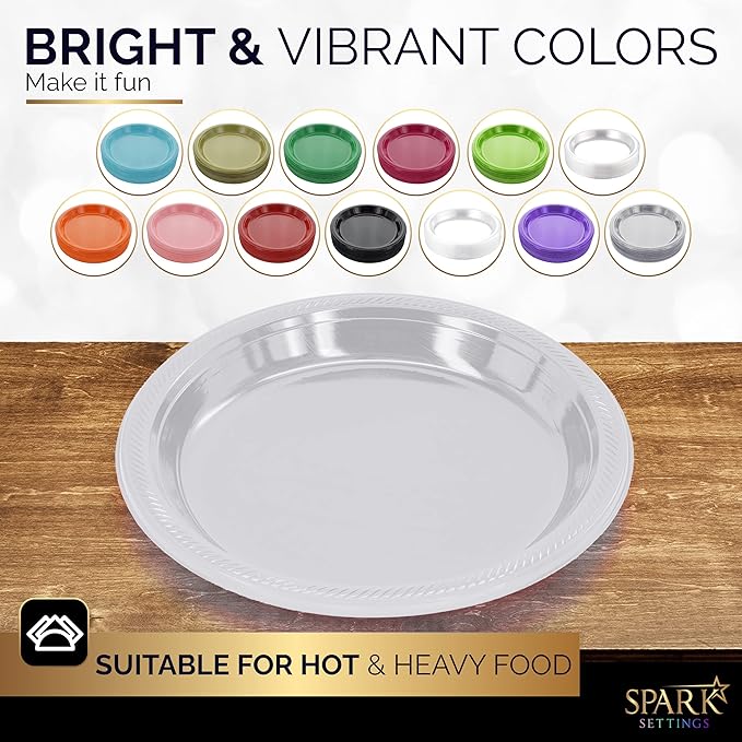 Amcrate Disposable White Plastic Dinner Plates, 10.4 Inches, Strong and Sturdy for Party, Holiday, Picnic, or Travel, Pack of 50
