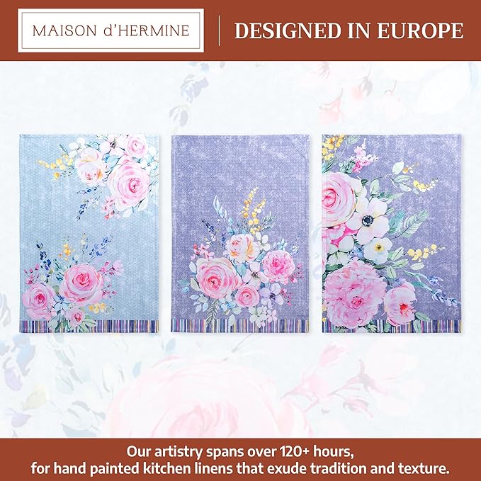 Maison d' Hermine Kitchen Towels Set of 3 100% Cotton 27.50" x 20" Reusable Cloth Tea Dish Towels Absorbent with Hanging Loop for Farmhouse Hotel Spring Summer - Sweet Rose Lavender - Lush