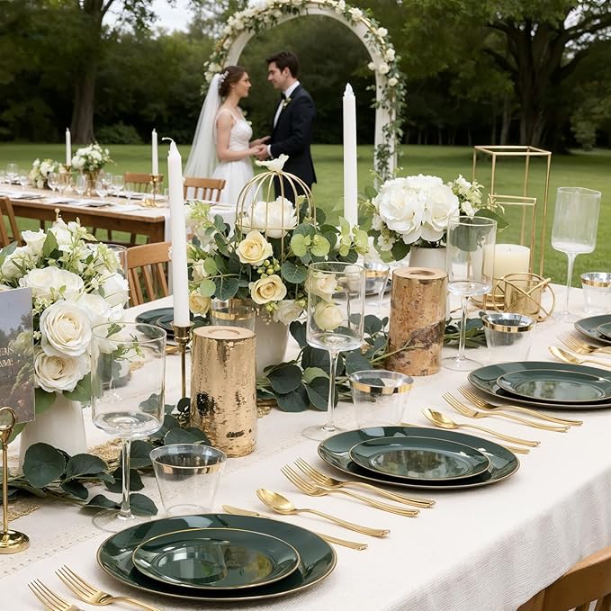 WDF 150Pcs Green Plastic Plates - Green Plates Disposable with Gold Rim - 25Guest Disposable Dinnerware Include 50 Plastic Plate 75 Gold Cutlery 25 9oz Cups for Wedding/Party/Birthday