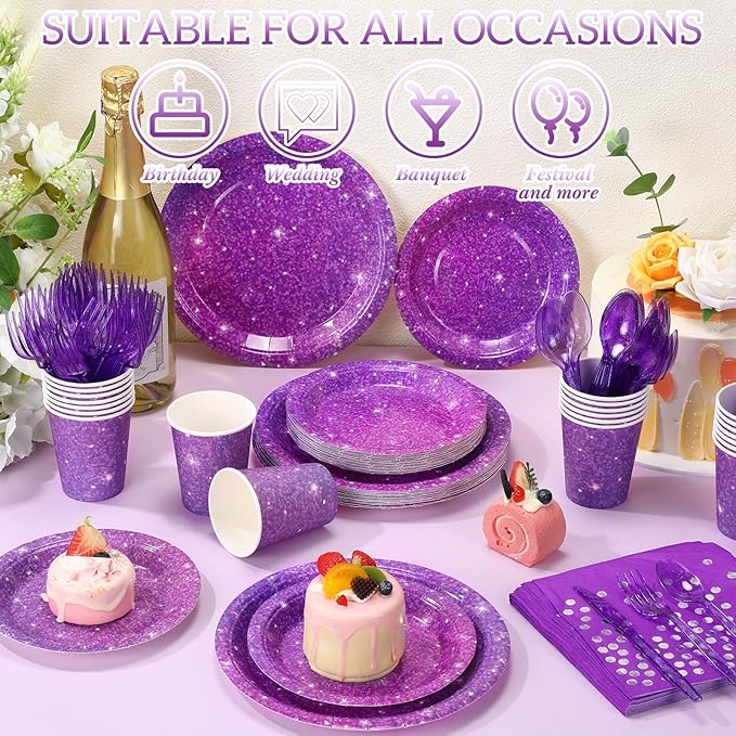 Hushee 350 Pcs Purple Holographic Print Party Supplies Guests Disposable Dinnerware Set Include Paper Plates, Napkins, Cups, Plastic Cutlery for Wedding Birthday Disco Bachelorette