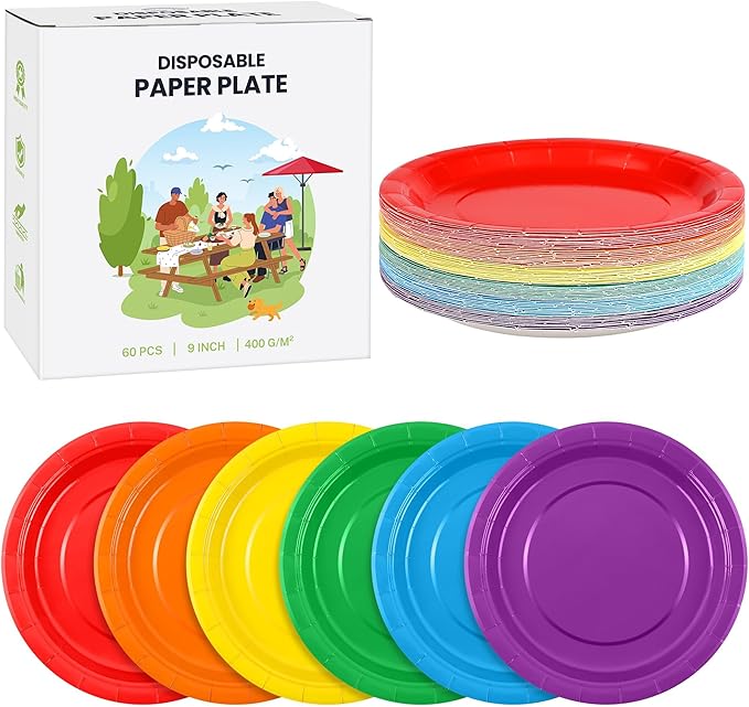 Kochorie 60 Pieces Rainbow Disposable Paper Plates 9 Inch Heavy Duty Dinner Plates, Solid Color, Table Decorations Party Supplies for Birthdays, Weddings, Daily Use