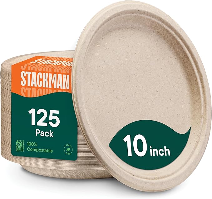 Paper Plates, 100% Compostable Heavy Duty Disposable 10 Inch Plate - [125-Pack] Eco-Friendly, Biodegradable Bagasse - (PFAS-Free) - (BPI Certified)