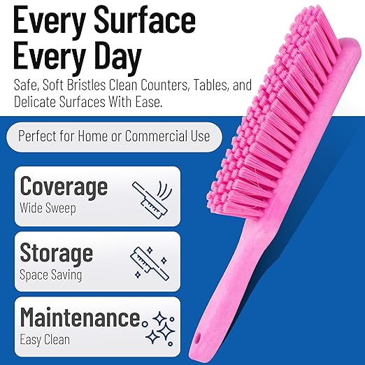 SPARTA 8 Inch Soft Counter Brush with Polyester Bristles and 5 Inch Handle, Color Coded Handheld Broom for Tables Countertops and Foodservice Surfaces, 13 Inch Overall Length, Pink