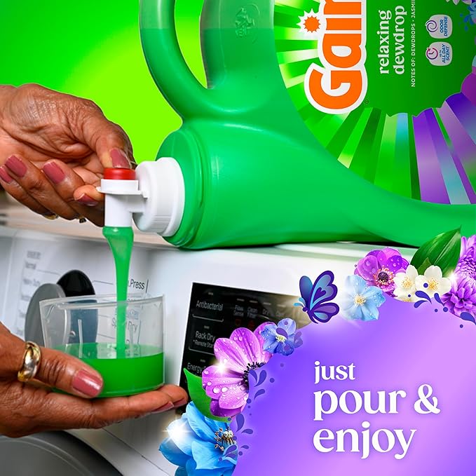 Gain Liquid Laundry Detergent, With Odor Defense, Relaxing Dewdrop Scent, Laundry Soap For HE Washing Machines, 132 fl oz, 100 Loads (Packaging May Vary)