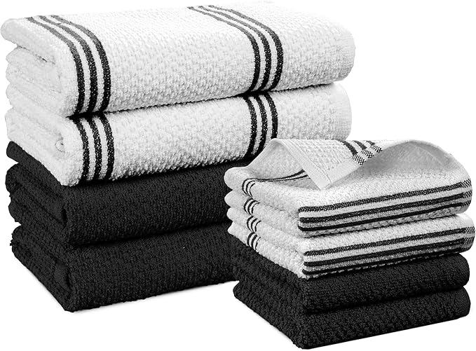 Casa Platino Kitchen Towel Set 8 Pc - 4 Dish Towels for Kitchen (16"x26") & 4 Dish Cloths (13"x13") - Absorbent, Quick Dry, Durable Cleaning Cloth & Hand Towels With Hanging Loop for Cleaning - Black.
