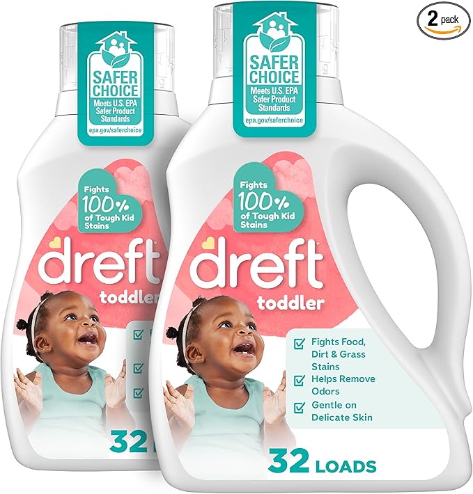 Dreft Toddler Liquid Laundry Detergent, Gentle on Sensitive Skin Laundry Soap, 42 fl oz, 32 Loads, Pack of 2 (Packaging May Vary)